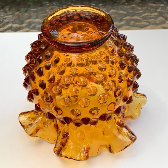 Vintage Fenton Amber Glass Footed Hobnail Vase with Ruffled Edge - Picture 7 of 12